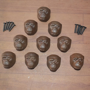 Può includere: Un set di 10 tiretti per cassetti in ghisa a forma di testa di scimmia, finitura marrone scuro. I tiretti sono disposti a forma di triangolo su una superficie in legno. Ogni tiretto presenta un viso di scimmia dettagliato con un'espressione realistica.