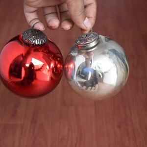 Vtg KUGEL Red n Silver Glass Ball hanging Christmas Tree Ornament home decor 2pc