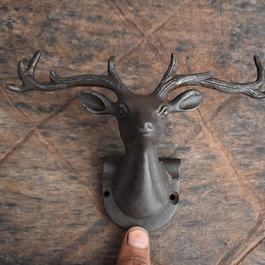 Old deer head cast iron coat hook hat clothes library house robe towel hanger