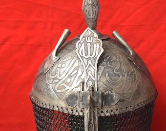 Vintage Style Mughal Islamic Iron Engraved Helmet Khula Khud Chainmal Armor