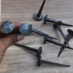 以下が含まれることがあります： 正方形の頭部を持つ黒い金属製の釘が8本セットになっています。釘は手打ちで、素朴でアンティークな外観をしています。