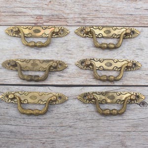 Victorian Style Brass Door Cabinet handle Floral pull drop Back Plate Handle 6 pcs