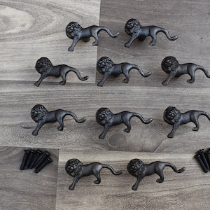 Peut inclure: Dix poignées de tiroir en fonte de lion noires avec un design détaillé. Les poignées sont disposées en deux rangées de cinq. Les poignées sont accompagnées de dix vis noires.