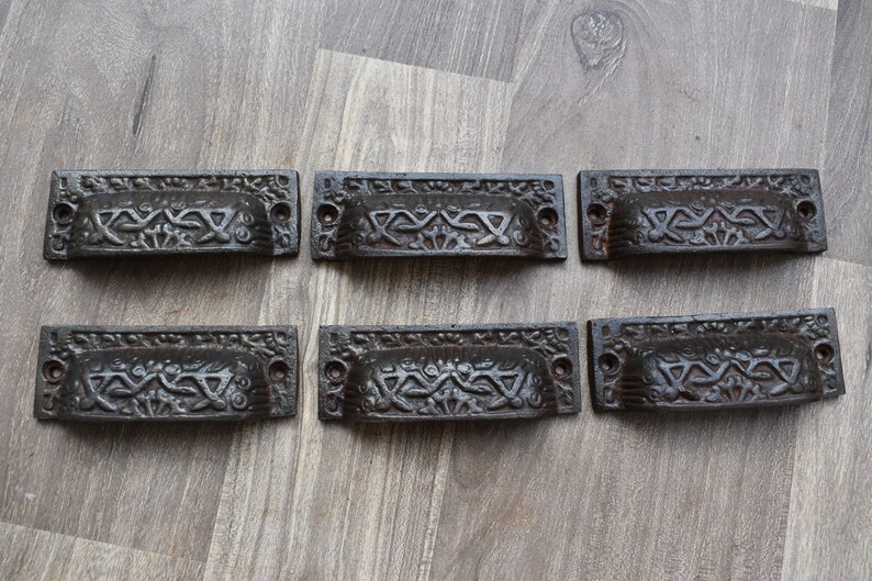 Victorian cast iron Cup cabinet drawer door knobs handles pull rustic 6 pcs