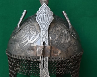Vintage Decorative Mughal Islamic Iron Engraved Helmet Khula Khud Chainmal Armor