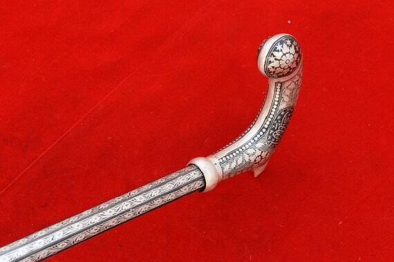Vintage Indian Mughal Islamic Silver Damascened LION Grip Folding