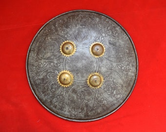 Vintage Mughal Islamic engraved  iron kufic Shield Dhal Decor No Khula Khud 15&quot;