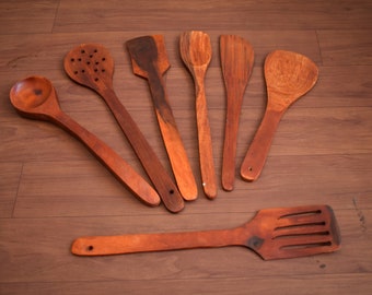 Handmade Vintage Wooden Kitchen Spoon Spatula Turner Food Making Tool 7pcs Lot