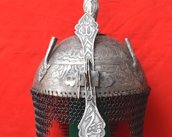 Vintage Decorative Mughal Islamic Iron Engraved Helmet Khula Khud Chainmal Armor