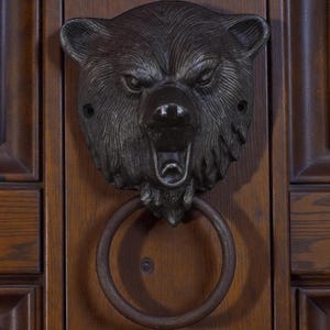 Aldaba de puerta de hierro victoriano vintage con forma de oso grizzly, manija para tirar
