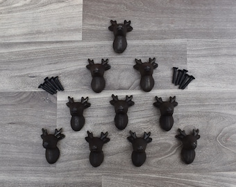 Vintage cast iron DEER cabinet drawer door knobs handles pull rustic 10pcs