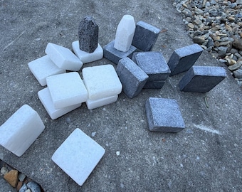Handmade Marble Tak Pieces - Solid Black & White Stone Game Set - Flat Stones Capstones