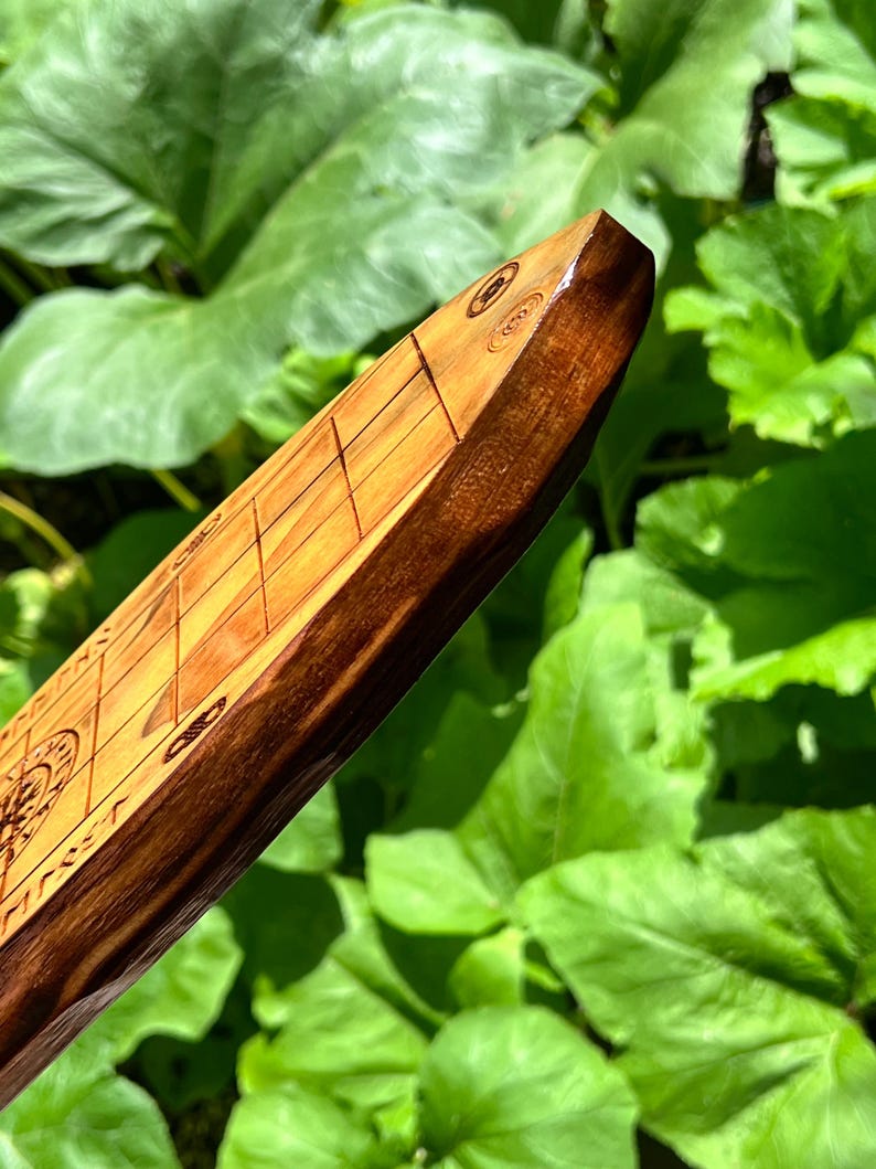 Puede incluir: Primer plano de un tablero de juego de madera con una superficie marr&oacute;n claro y bordes marrones oscuros. El tablero presenta l&iacute;neas grabadas y dise&ntilde;os circulares. El fondo es follaje verde borroso.