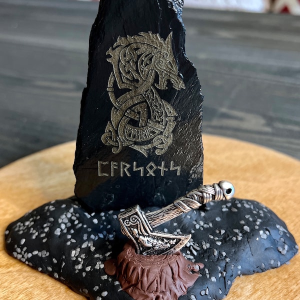 Personalized Viking Rune Stone, with mini steel axe and handmade clay hardened base | Unique Gift Idea