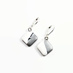 Black White Marbled Diamond Dangle Earring - Black White Silver Marbled - Polymer Clay Earring - Clay Earring - Statement Earring