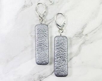 Matte Silver Hammered Long Rectangle Dangle Earring - Matte Dimpled Silver - Polymer Clay Earrings - Handmade Clay Earrings - Statement