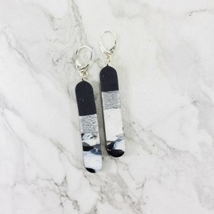 Black White Mosaic Long Dangle Earring - Polymer Clay Earring - Clay Earring - Statement Earring - Black Marbled Earring - Gifts for Her