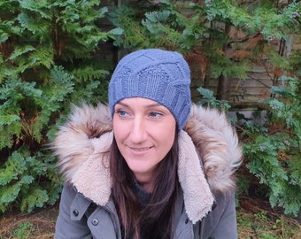 Cable Knit Winter Hat, Denim Blue Cable Hat, Wool and Alpaca Hat