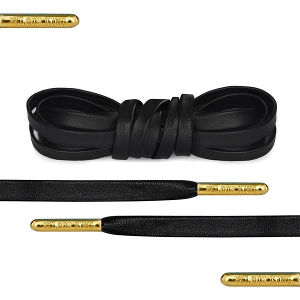 Luxury Black Leather Shoelaces with Gold Metal Tips by Loop King Laces