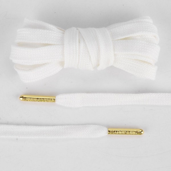 Flat Cotton White Shoelaces with Gold Tips by Loop King Laces