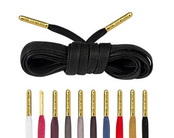 Luxury Black Flat Waxed Shoelaces with Gold Metal Tips by Loop King Laces