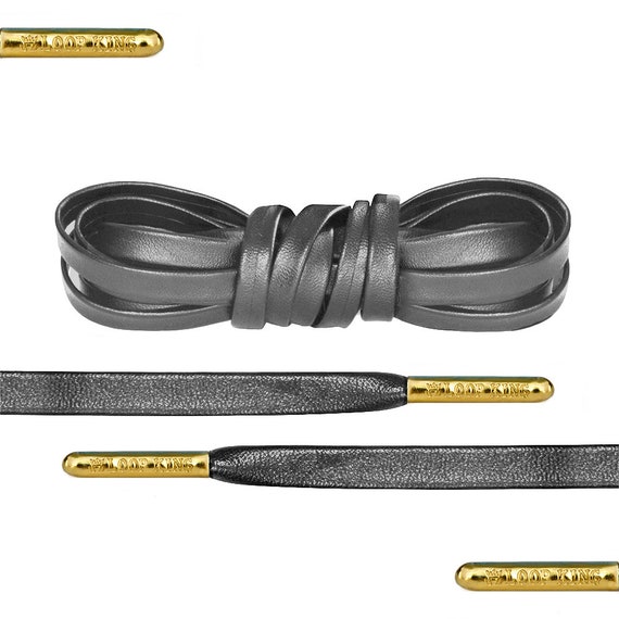 Luxury Dark Grey Leather Shoelaces With Gold Metal Tips by Loop King Laces  