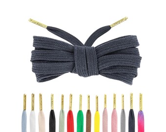 Flat Cotton Navy Blue Shoelaces with Gold Tips by Loop King Laces