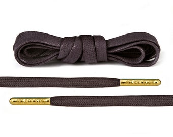 Luxury Brown Flat Waxed Shoelaces with Gold Metal Tips by Loop King Laces