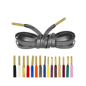 Luxury Dark Grey Leather Shoelaces with Gold Metal Tips by Loop King Laces