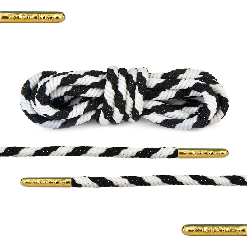 Luxury Rope Black White Stripe Shoelaces with Gold Metal Tips by Loop King Laces 