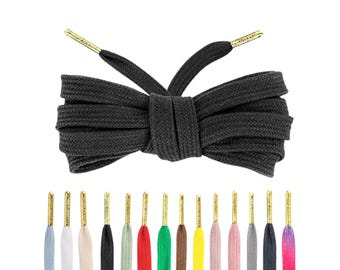 Flat Cotton Black Shoelaces with Gold Tips by Loop King Laces