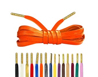 Luxury Orange Leather Shoelaces with Gold Metal Tips by Loop King Laces