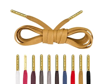 Luxury Tan Flat Waxed Shoelaces with Gold Metal Tips by Loop King Laces