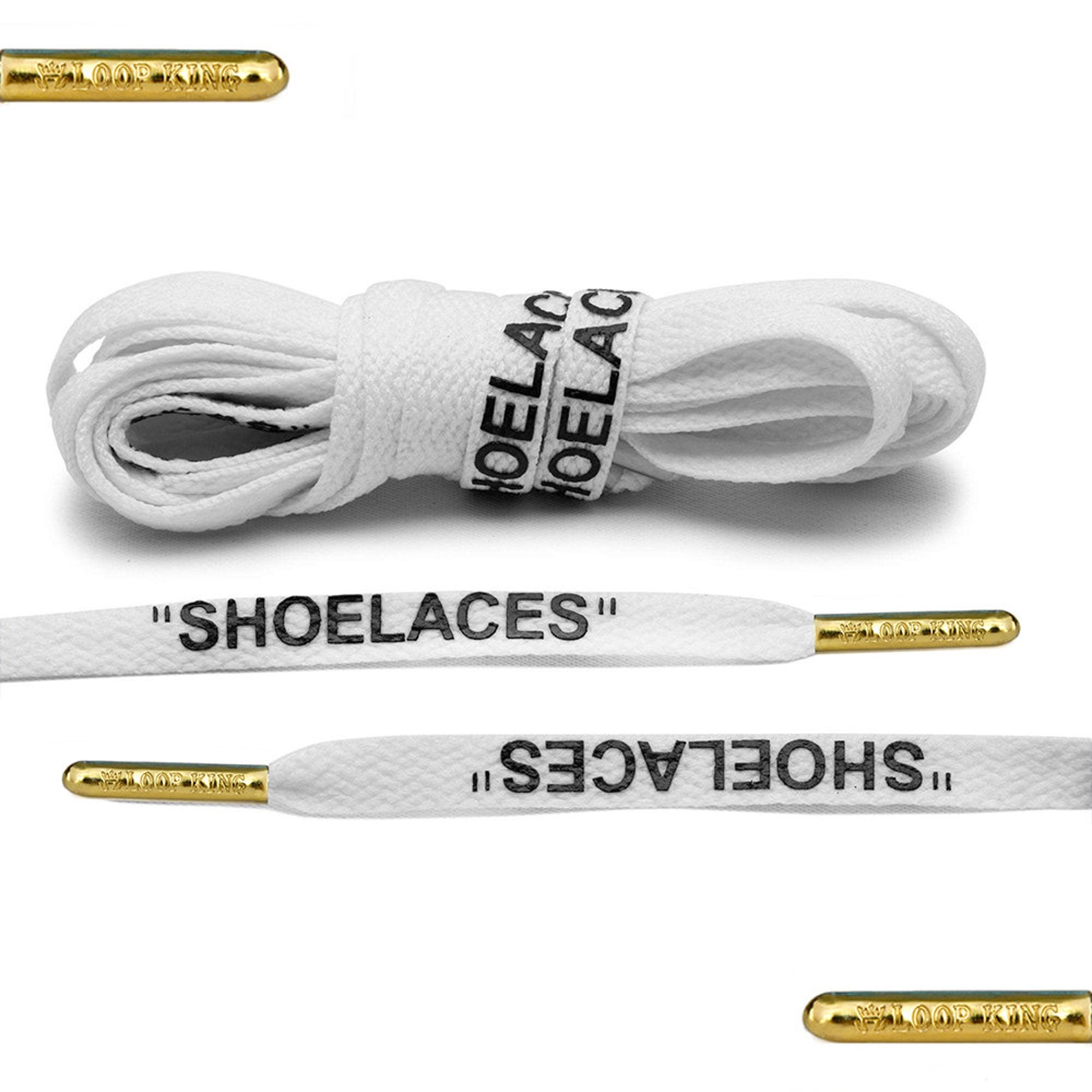 Offwhite shoelaces Style in White With Gold Metal Tips by Loop King