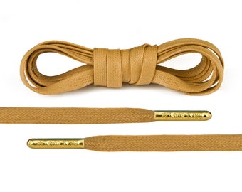 Luxury Tan Flat Waxed Shoelaces with Gold Metal Tips by Loop King Laces