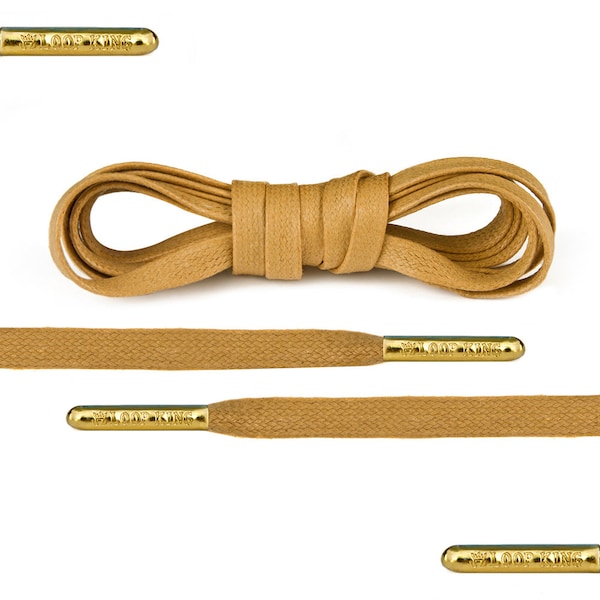 Luxury Tan Flat Waxed Shoelaces with Gold Metal Tips by Loop King Laces