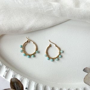 Tiny Larimar bead Wire Wrapped Hoop Earrings / Minimalist Jewelry / Christmas gift for her