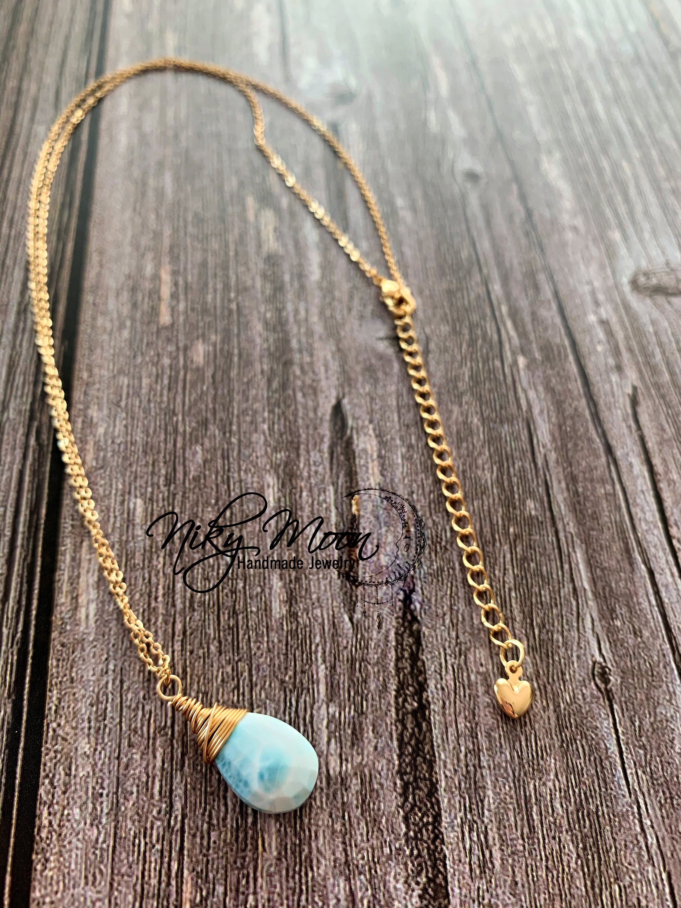 Collana Con Ciondolo A Doppia Punta Larimar Naturale - Argento 925 Placcato Rodio, Lunghezza 50 Cm
