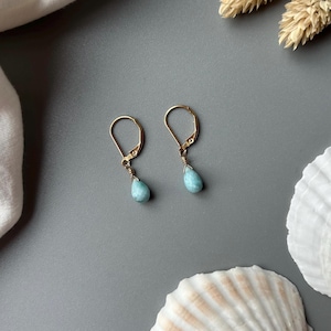 AZURE earrings - Larimar Lever Back Teardrop Earrings Gold Filled Sterling Silver / Gemstone Earrings / Minimalist Larimar Earrings