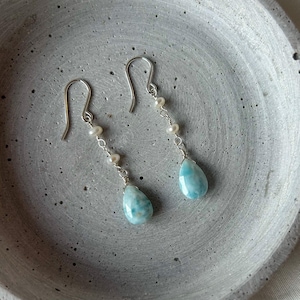 Larimar Freshwater Pearl Drop Earrings Sterling Silver/ Minimalist Earrings / Mothers Day Gift