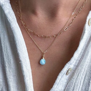 Wire wrapped Larimar teardrop pendant necklace/ Minimalist gemstone jewelry / Gift for her / Christmas gift