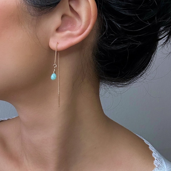 Tiny Larimar Dainty Thread Earrings Gold or Silver/ Christmas gift for her