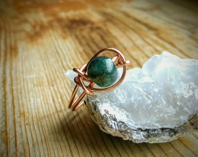 Moss Agate Wire Wrapped Ring, Copper Wire Ring, Crystal Ring, Wire Wrapped Jewelry, Copper Wire Wrapped Ring with Gemstone, Moss Agate