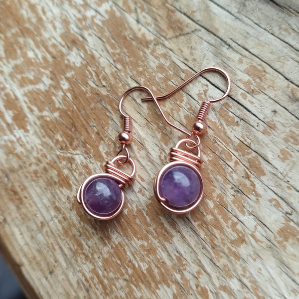 Amethyst Earrings, Fish hook earrings, wire wrapped jewelry, wire wrapped earrings, healing crystal earrings, copper jewelry