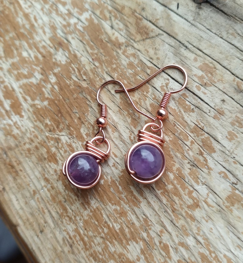Amethyst Earrings healing crystal earrings copper jewelry wire wrapped earrings Fish hook earrings wire wrapped jewelry