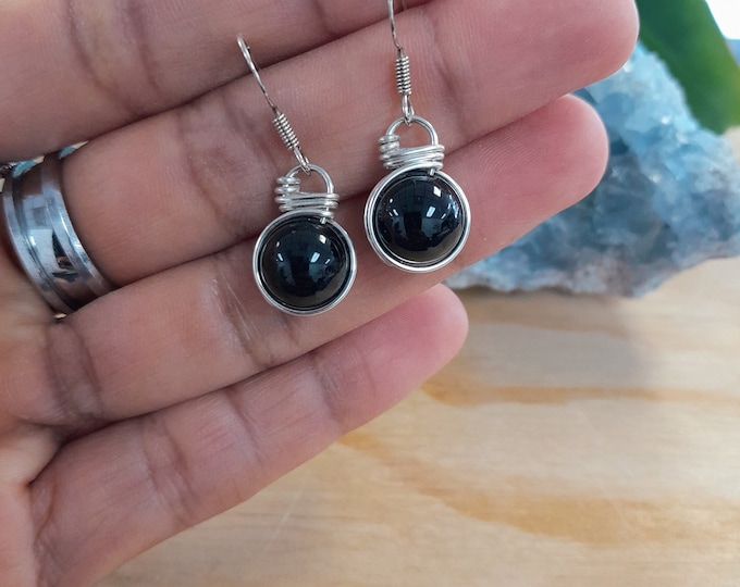 Black Tourmaline Fish Hook Earrings