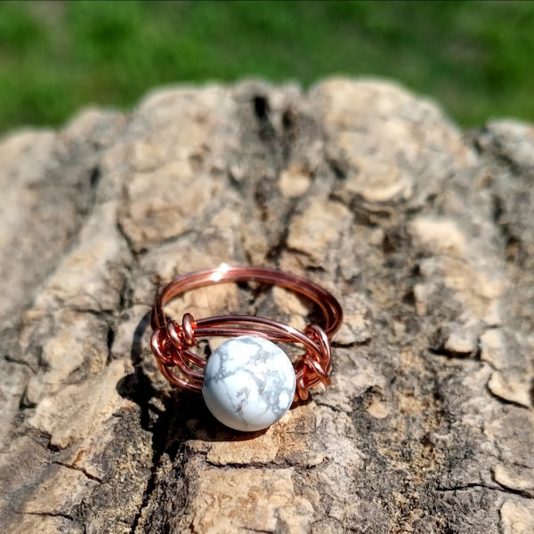 Howlite Ring, Wire Wrapped Ring, Copper Wire Ring, Crystal Ring, Wire Wrapped Jewelry, Gemstone Ring, Rhodonite