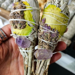 White Sage & Lavender torch with amethyst crystal, Smudging herbs, Smudge stick