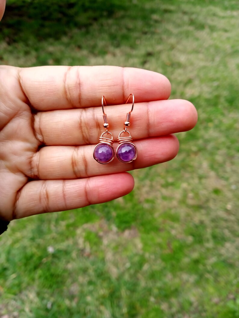 Amethyst Earrings healing crystal earrings copper jewelry wire wrapped earrings Fish hook earrings wire wrapped jewelry