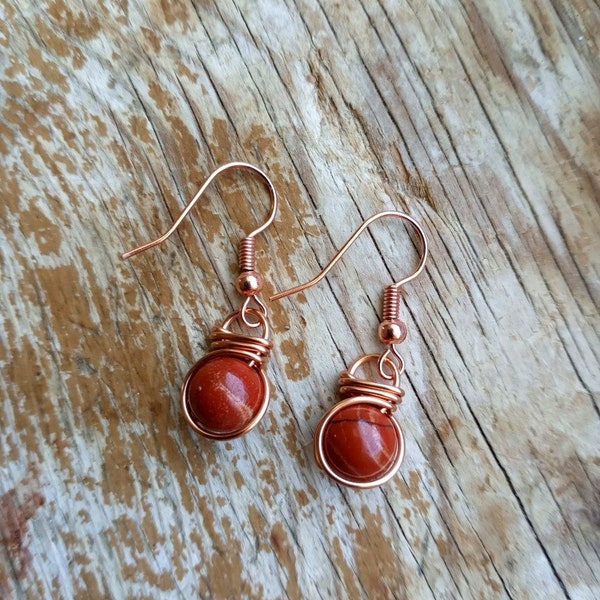Red Jasper Earrings, Fish hook earrings, wire wrapped jewelry, wire wrapped earrings, healing crystal earrings, copper jewelry